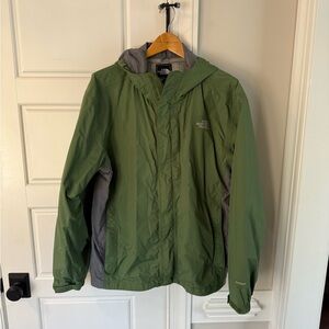 The North Face Green and Gray Raincoat with Hood and Zipper